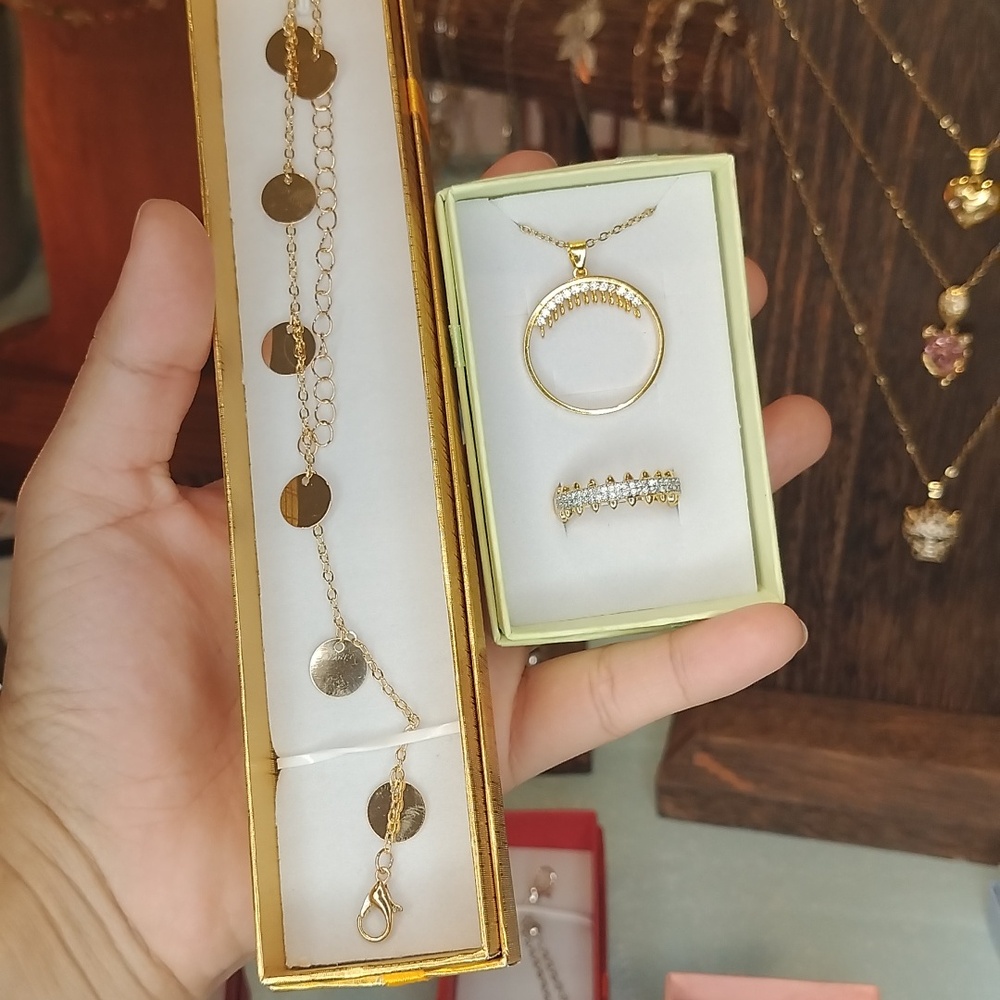 Gold set 3 piece necklace, ring anklet